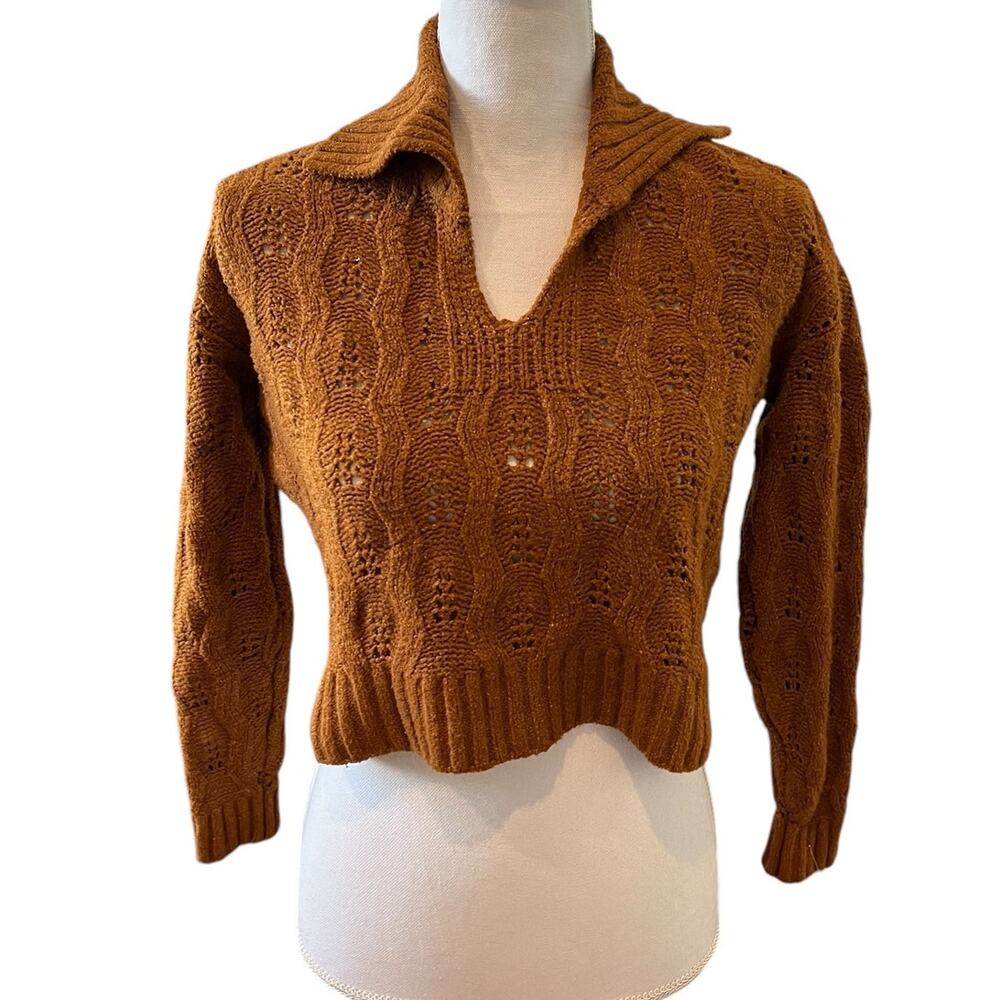 Pink Rose Soft Cropped Collared Sweater Burnt Orange Rust S - Picture 2 of 6